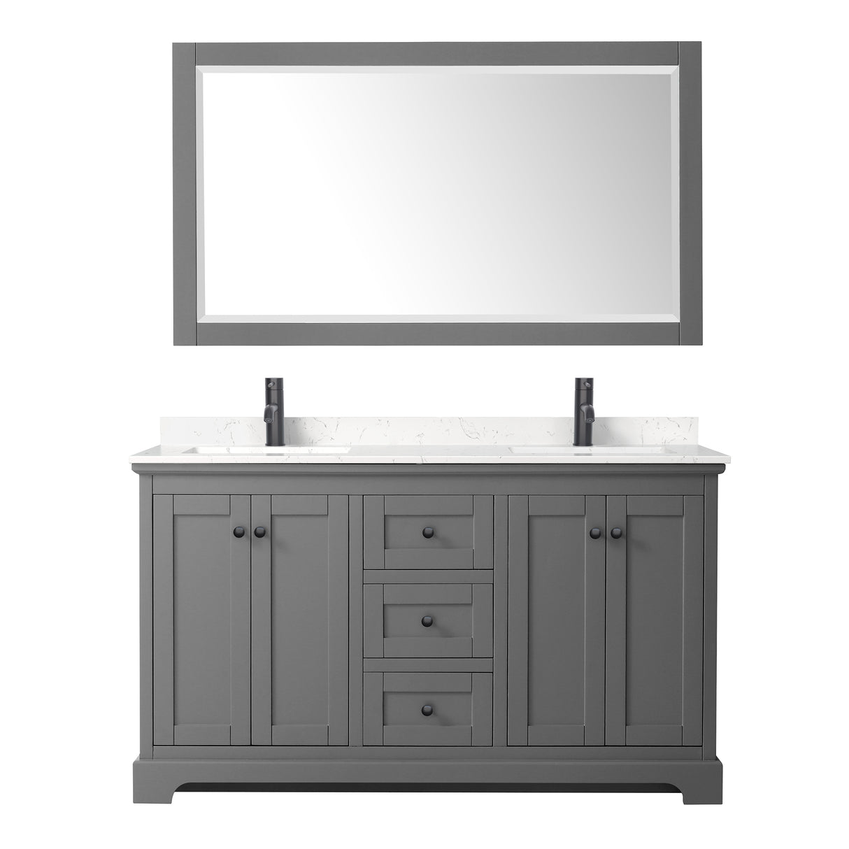 Avery 60 Inch Double Bathroom Vanity in Dark Gray Carrara Cultured Marble Countertop Undermount Square Sinks Matte Black Trim 58 Inch Mirror