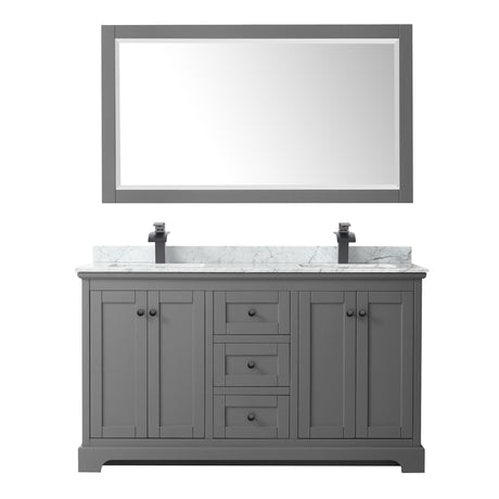 Avery 60 Inch Double Bathroom Vanity in Dark Gray White Carrara Marble Countertop Undermount Square Sinks Matte Black Trim 58 Inch Mirror