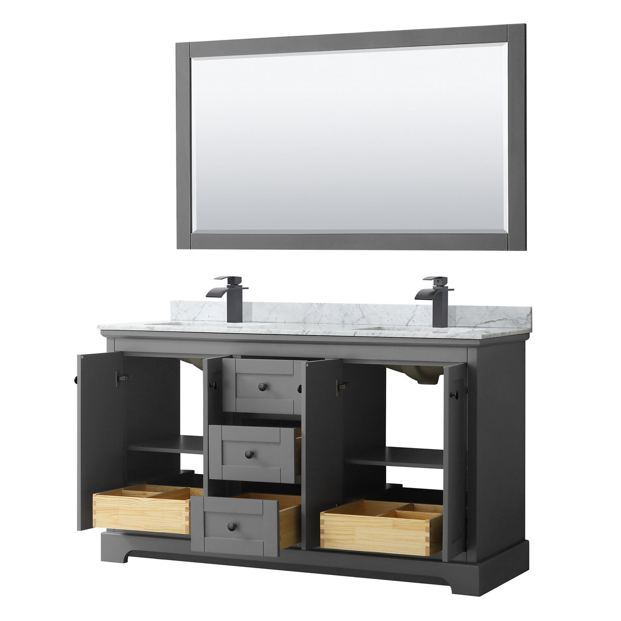 Avery 60 Inch Double Bathroom Vanity in Dark Gray White Carrara Marble Countertop Undermount Square Sinks Matte Black Trim 58 Inch Mirror