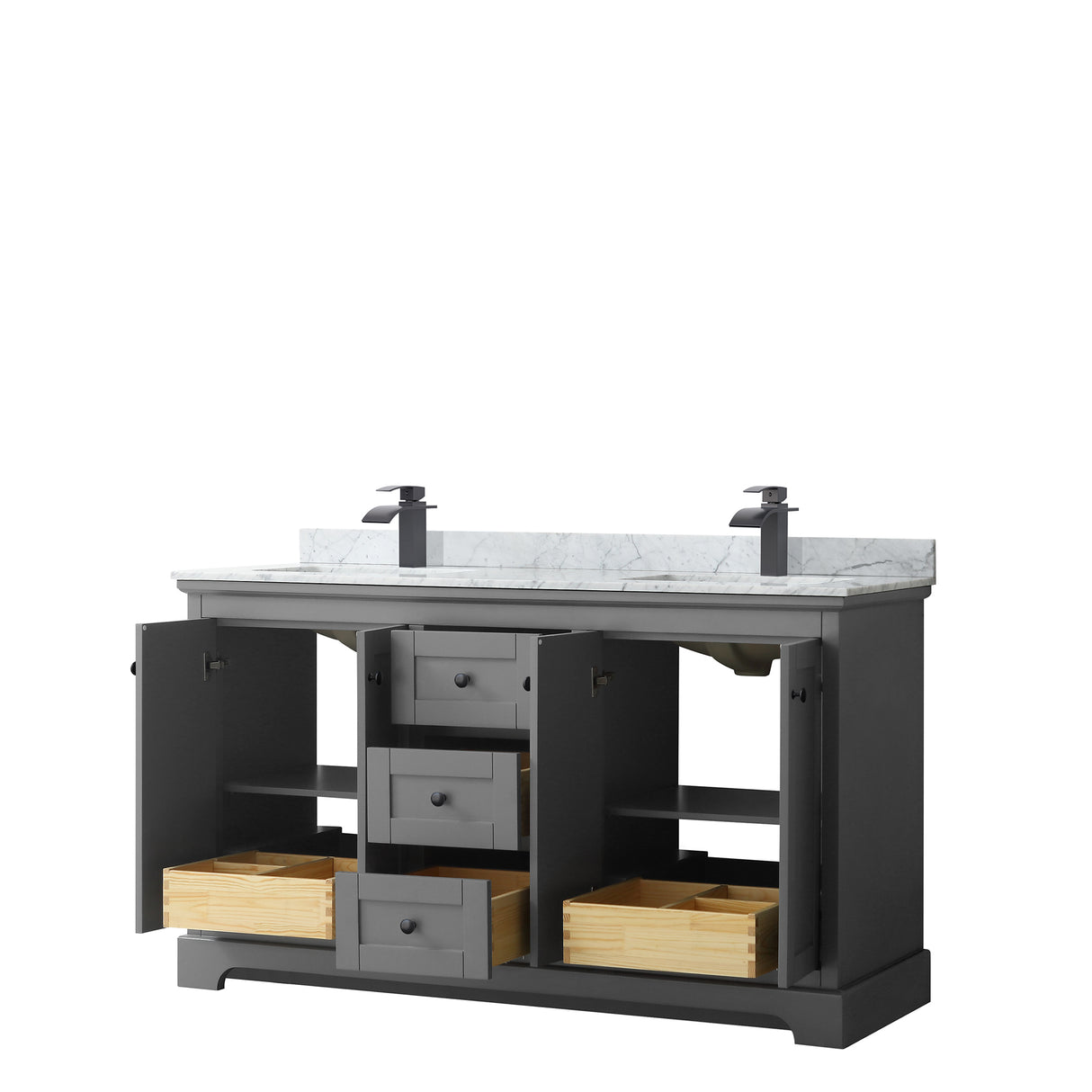 Avery 60 Inch Double Bathroom Vanity in Dark Gray White Carrara Marble Countertop Undermount Square Sinks Matte Black Trim