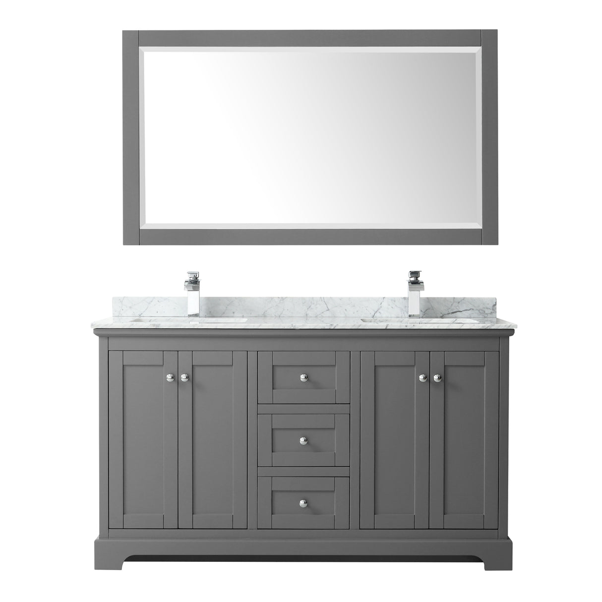 Avery 60 Inch Double Bathroom Vanity in Dark Gray White Carrara Marble Countertop Undermount Square Sinks and 58 Inch Mirror
