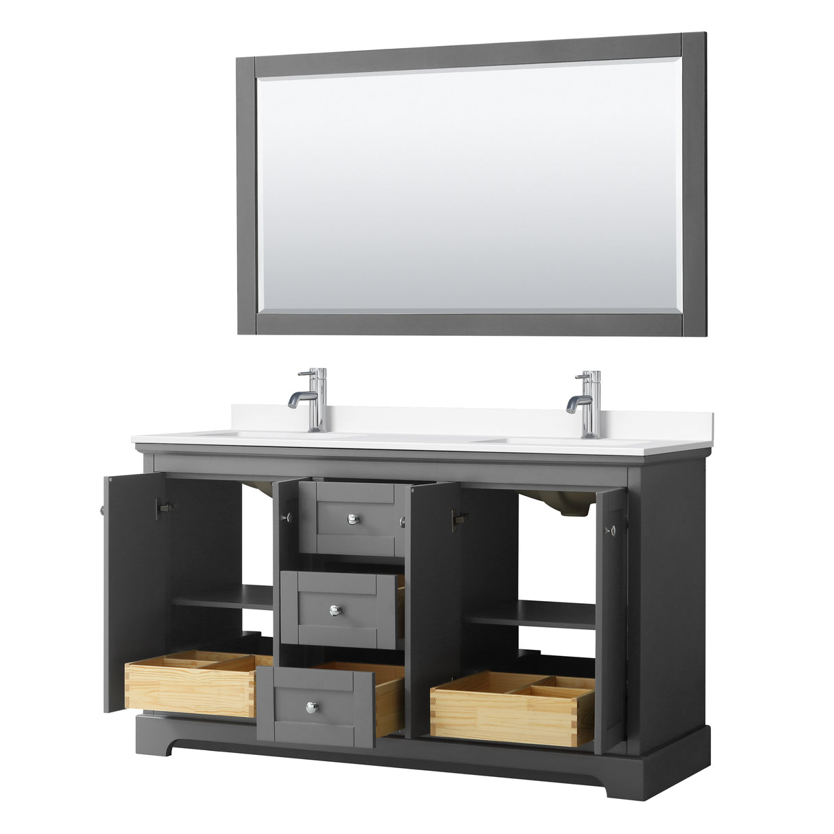 Avery 60 Inch Double Bathroom Vanity in Dark Gray White Cultured Marble Countertop Undermount Square Sinks 58 Inch Mirror