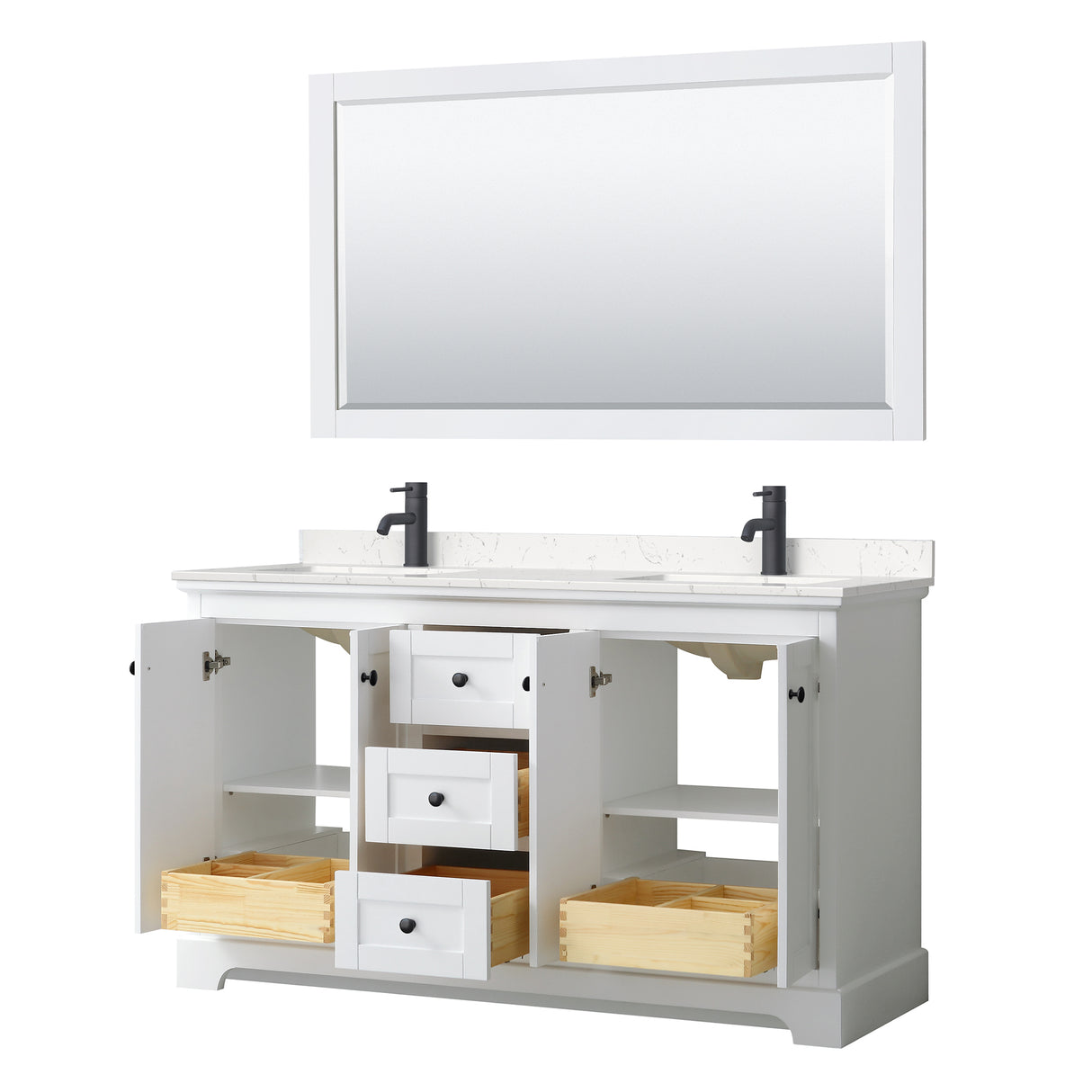 Avery 60 Inch Double Bathroom Vanity in White Carrara Cultured Marble Countertop Undermount Square Sinks Matte Black Trim 58 Inch Mirror