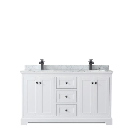Avery 60 Inch Double Bathroom Vanity in White White Carrara Marble Countertop Undermount Square Sinks Matte Black Trim