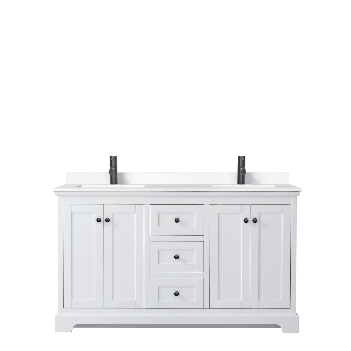 Avery 60 Inch Double Bathroom Vanity in White White Cultured Marble Countertop Undermount Square Sinks Matte Black Trim