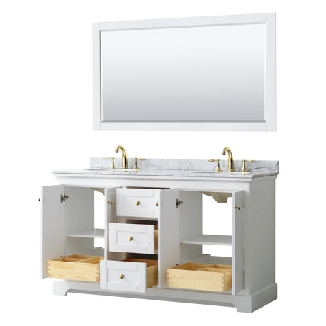 Avery 60 Inch Double Bathroom Vanity in White White Carrara Marble Countertop Undermount Oval Sinks 58 Inch Mirror Brushed Gold Trim