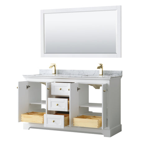 Avery 60 Inch Double Bathroom Vanity in White White Carrara Marble Countertop Undermount Square Sinks 58 Inch Mirror Brushed Gold Trim