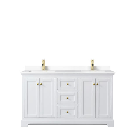 Avery 60 Inch Double Bathroom Vanity in White White Cultured Marble Countertop Undermount Square Sinks Brushed Gold Trim