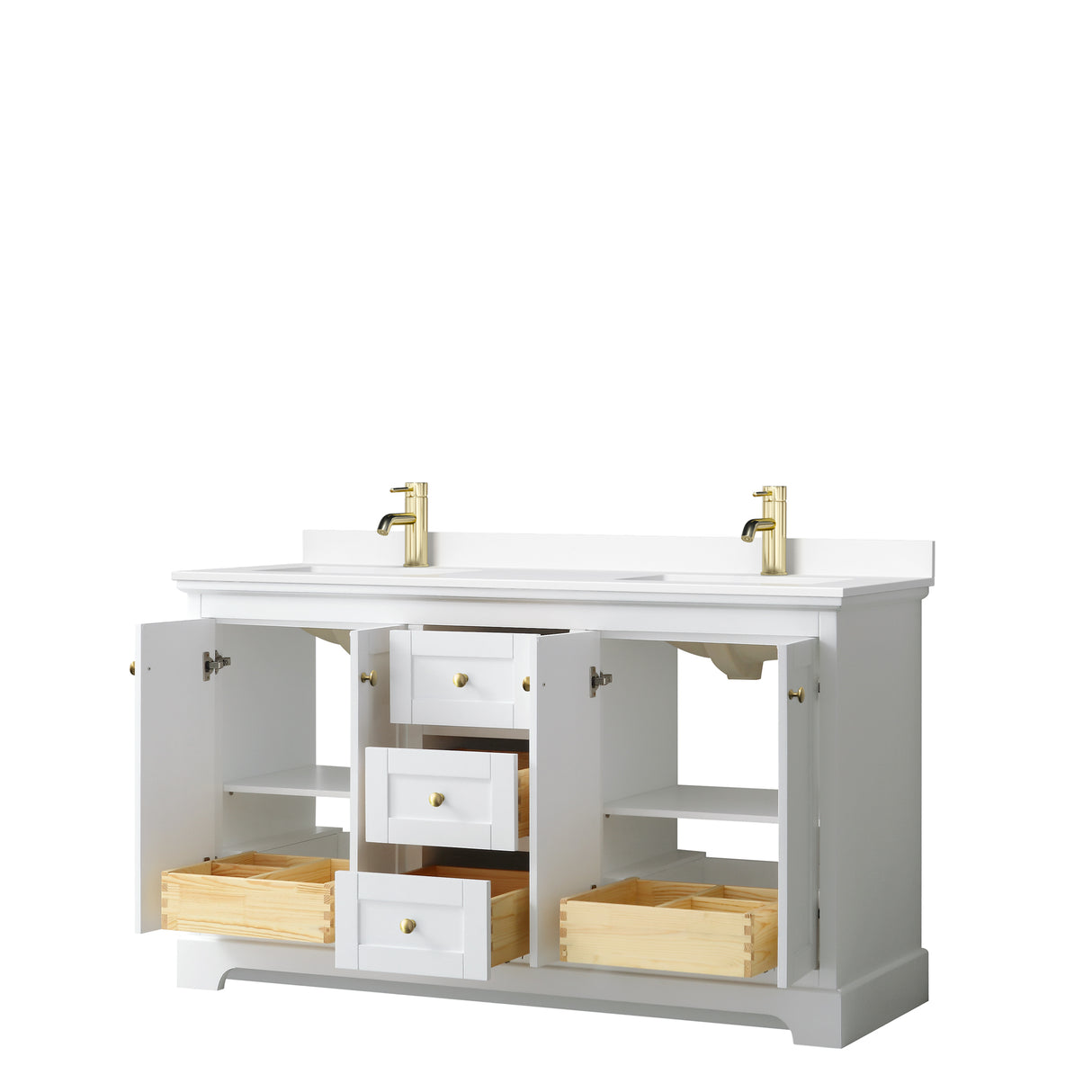 Avery 60 Inch Double Bathroom Vanity in White White Cultured Marble Countertop Undermount Square Sinks Brushed Gold Trim