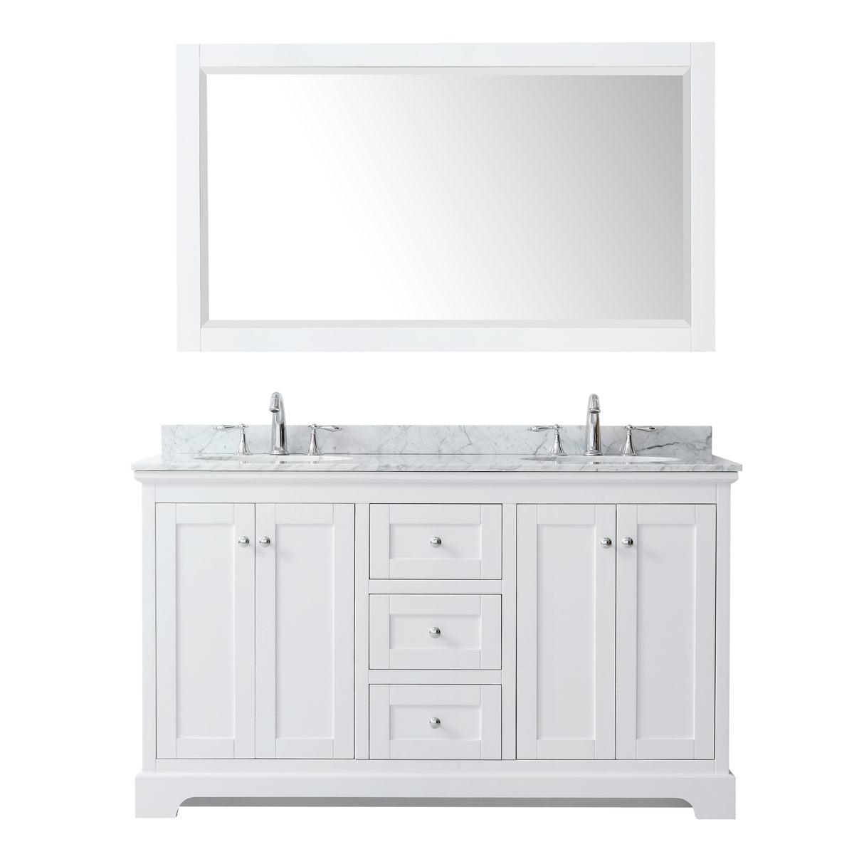 Avery 60 Inch Double Bathroom Vanity in White White Carrara Marble Countertop Undermount Oval Sinks and 58 Inch Mirror