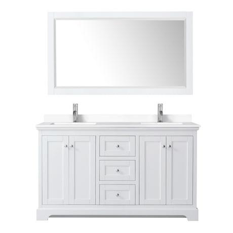 Avery 60 Inch Double Bathroom Vanity in White White Cultured Marble Countertop Undermount Square Sinks 58 Inch Mirror
