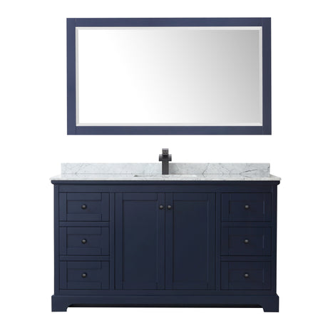 Avery 60 Inch Single Bathroom Vanity in Dark Blue White Carrara Marble Countertop Undermount Square Sink Matte Black Trim 58 Inch Mirror