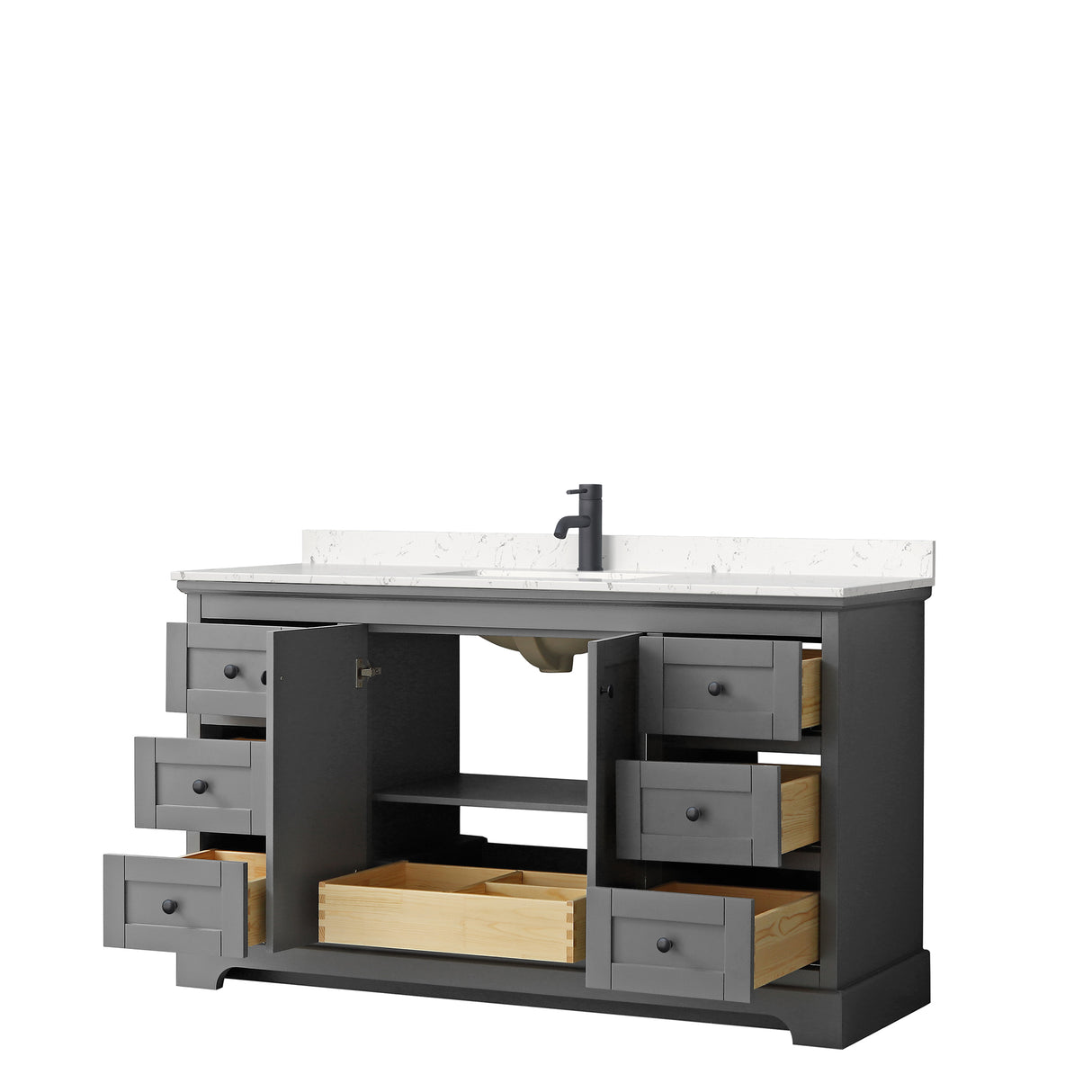 Avery 60 Inch Single Bathroom Vanity in Dark Gray Carrara Cultured Marble Countertop Undermount Square Sink Matte Black Trim