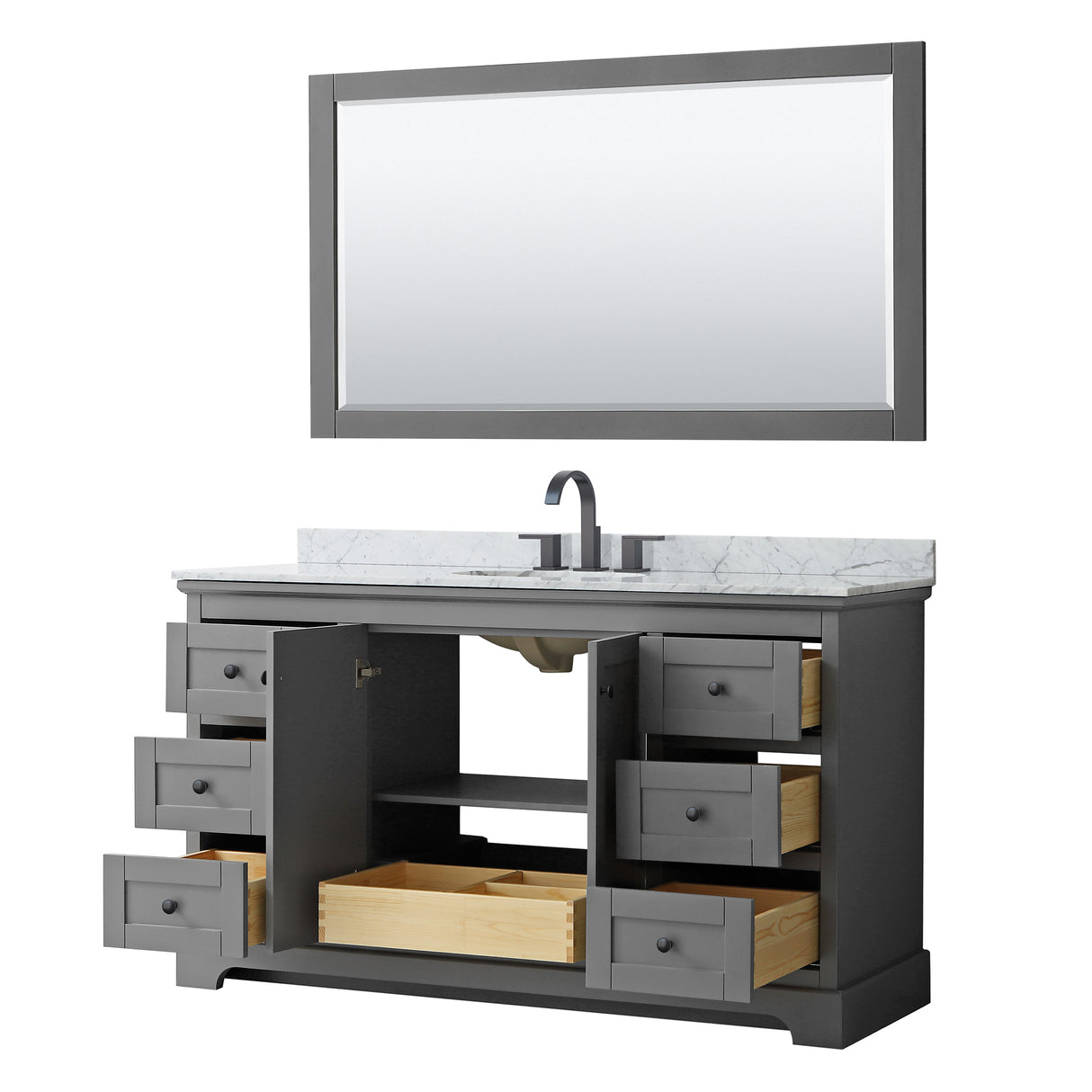 Avery 60 Inch Single Bathroom Vanity in Dark Gray White Carrara Marble Countertop Undermount Oval Sink Matte Black Trim 58 Inch Mirror