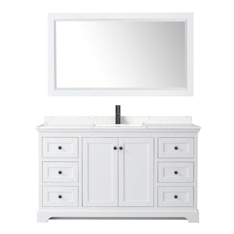 Avery 60 Inch Single Bathroom Vanity in White Carrara Cultured Marble Countertop Undermount Square Sink Matte Black Trim 58 Inch Mirror