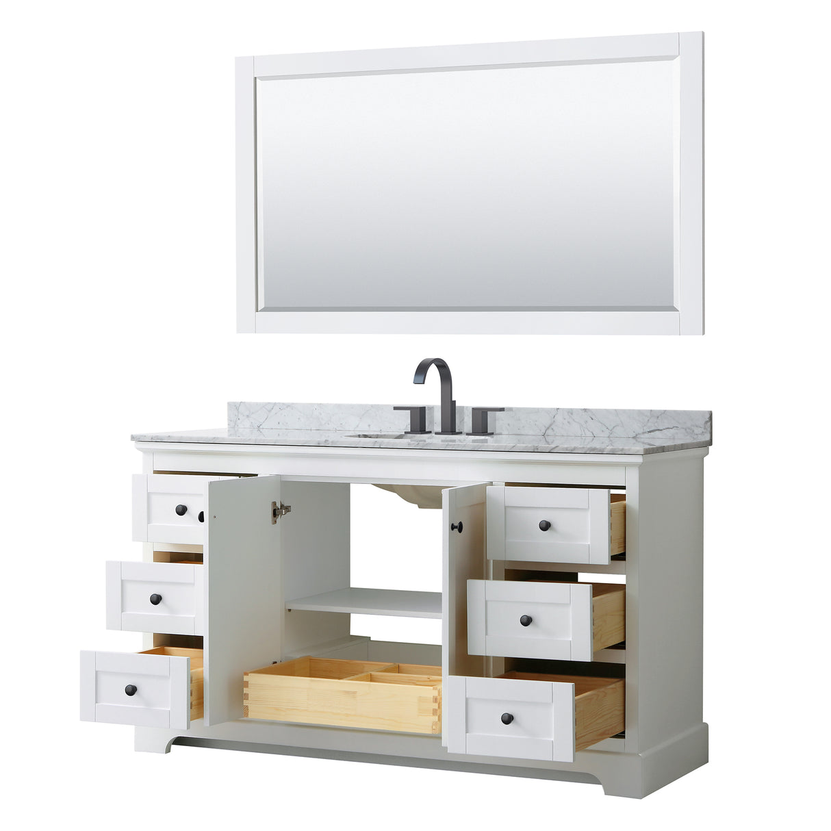 Avery 60 Inch Single Bathroom Vanity in White White Carrara Marble Countertop Undermount Oval Sink Matte Black Trim 58 Inch Mirror