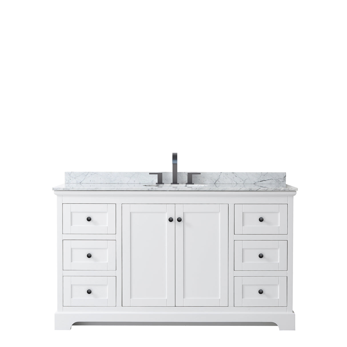 Avery 60 Inch Single Bathroom Vanity in White White Carrara Marble Countertop Undermount Oval Sink Matte Black Trim