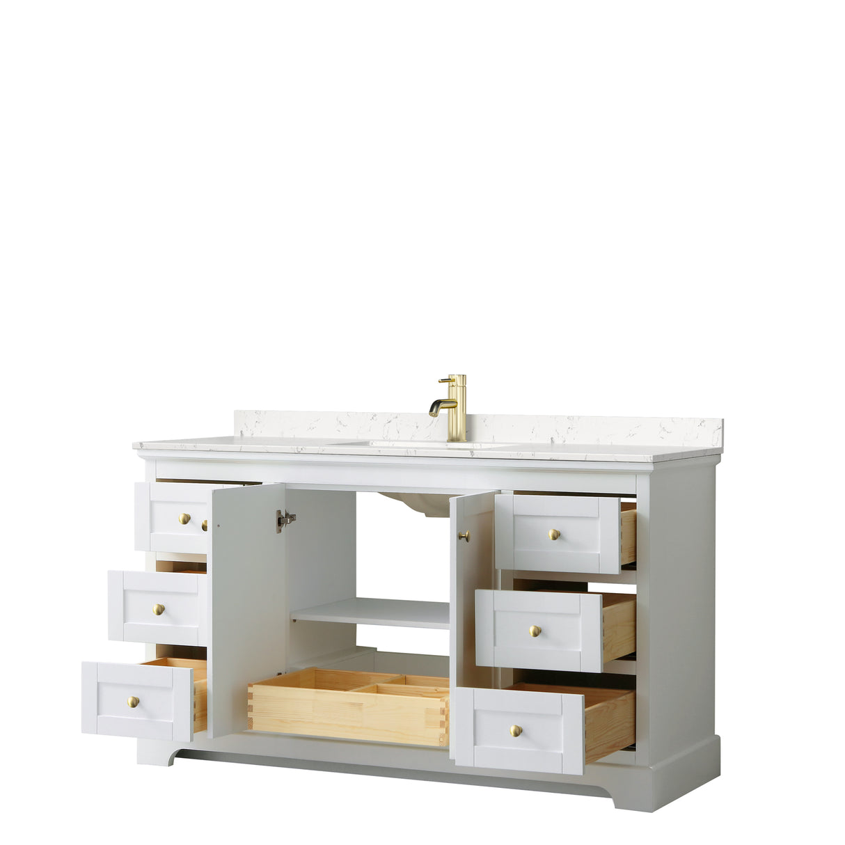 Avery 60 Inch Single Bathroom Vanity in White Carrara Cultured Marble Countertop Undermount Square Sink Brushed Gold Trim