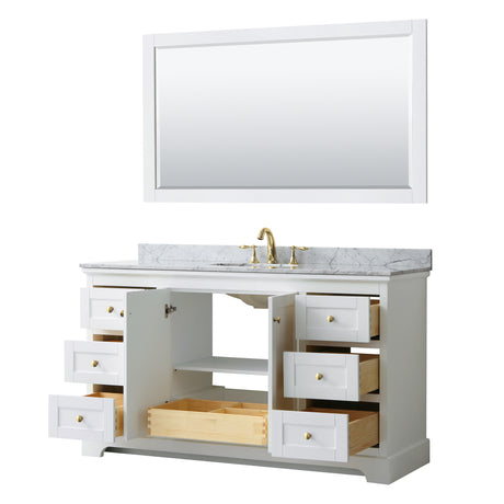 Avery 60 Inch Single Bathroom Vanity in White White Carrara Marble Countertop Undermount Oval Sink 58 Inch Mirror Brushed Gold Trim