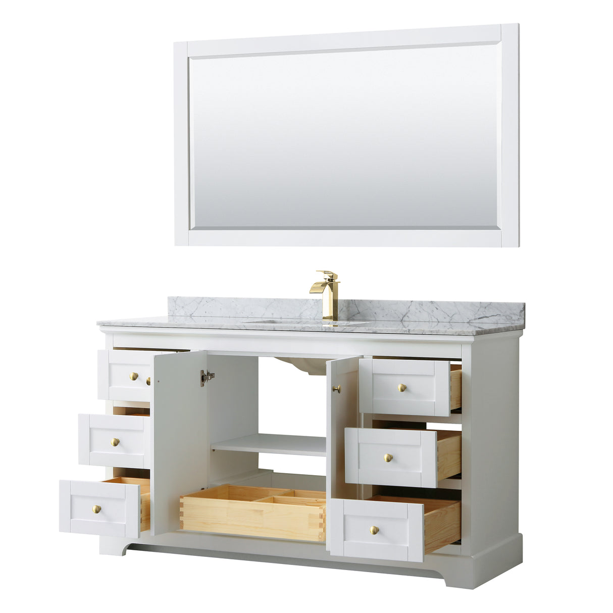 Avery 60 Inch Single Bathroom Vanity in White White Carrara Marble Countertop Undermount Square Sink 58 Inch Mirror Brushed Gold Trim