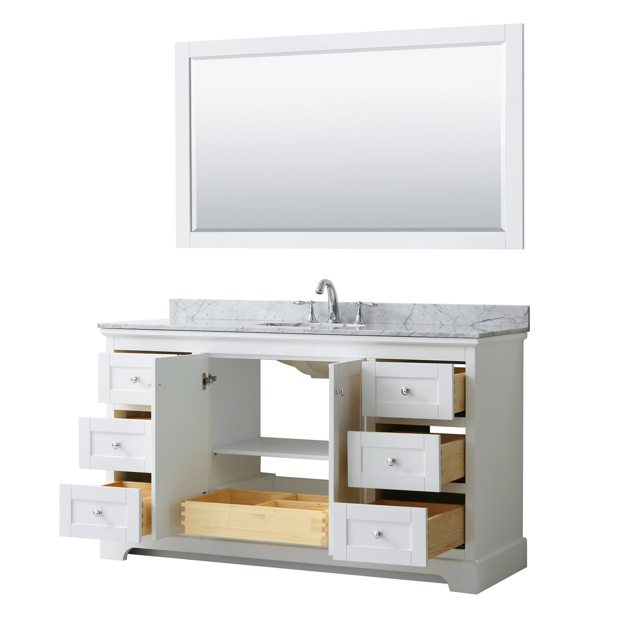 Avery 60 Inch Single Bathroom Vanity in White White Carrara Marble Countertop Undermount Oval Sink and 58 Inch Mirror