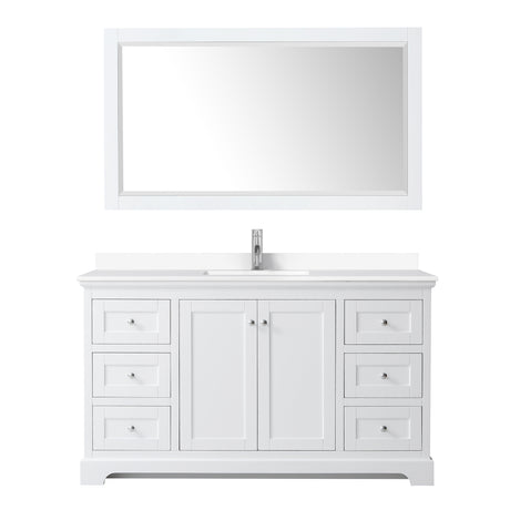 Avery 60 Inch Single Bathroom Vanity in White White Cultured Marble Countertop Undermount Square Sink 58 Inch Mirror
