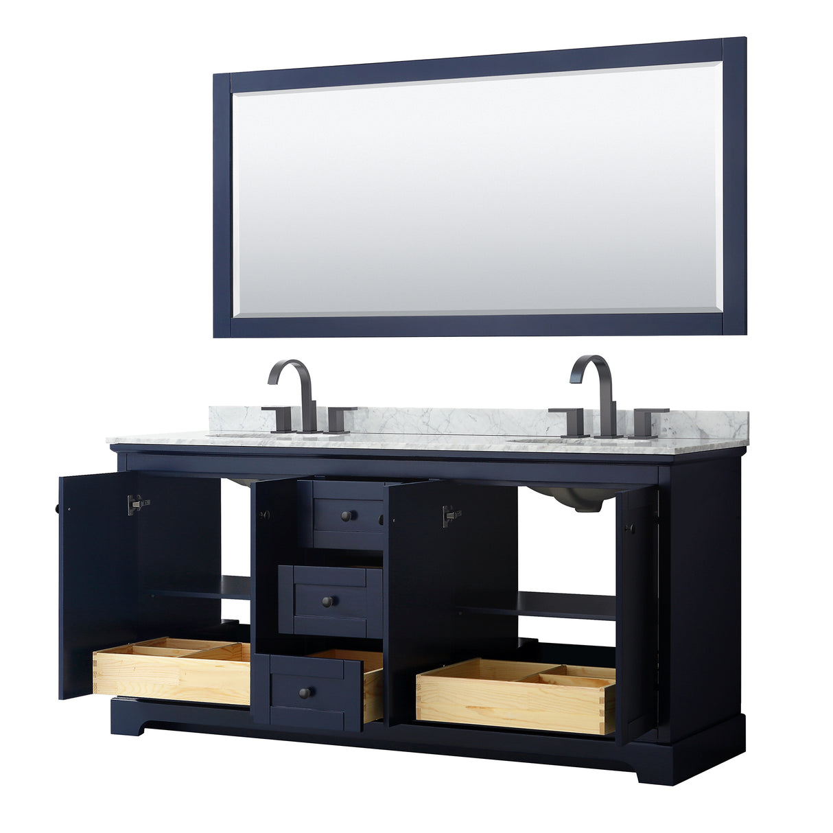 Avery 72 Inch Double Bathroom Vanity in Dark Blue White Carrara Marble Countertop Undermount Oval Sinks Matte Black Trim 70 Inch Mirror