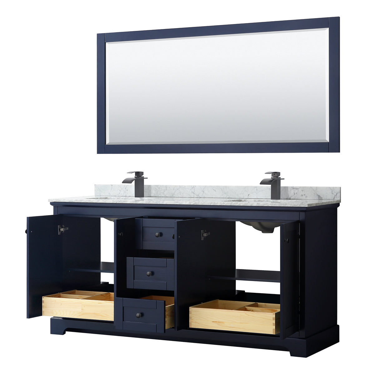 Avery 72 Inch Double Bathroom Vanity in Dark Blue White Carrara Marble Countertop Undermount Square Sinks Matte Black Trim 70 Inch Mirror