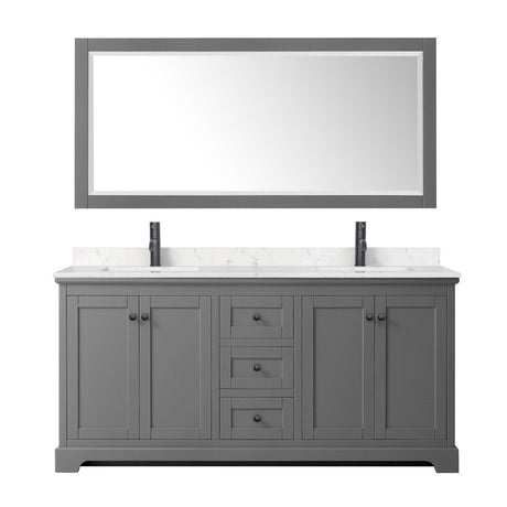 Avery 72 Inch Double Bathroom Vanity in Dark Gray Carrara Cultured Marble Countertop Undermount Square Sinks Matte Black Trim 70 Inch Mirror
