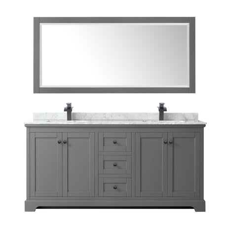 Avery 72 Inch Double Bathroom Vanity in Dark Gray White Carrara Marble Countertop Undermount Square Sinks Matte Black Trim 70 Inch Mirror
