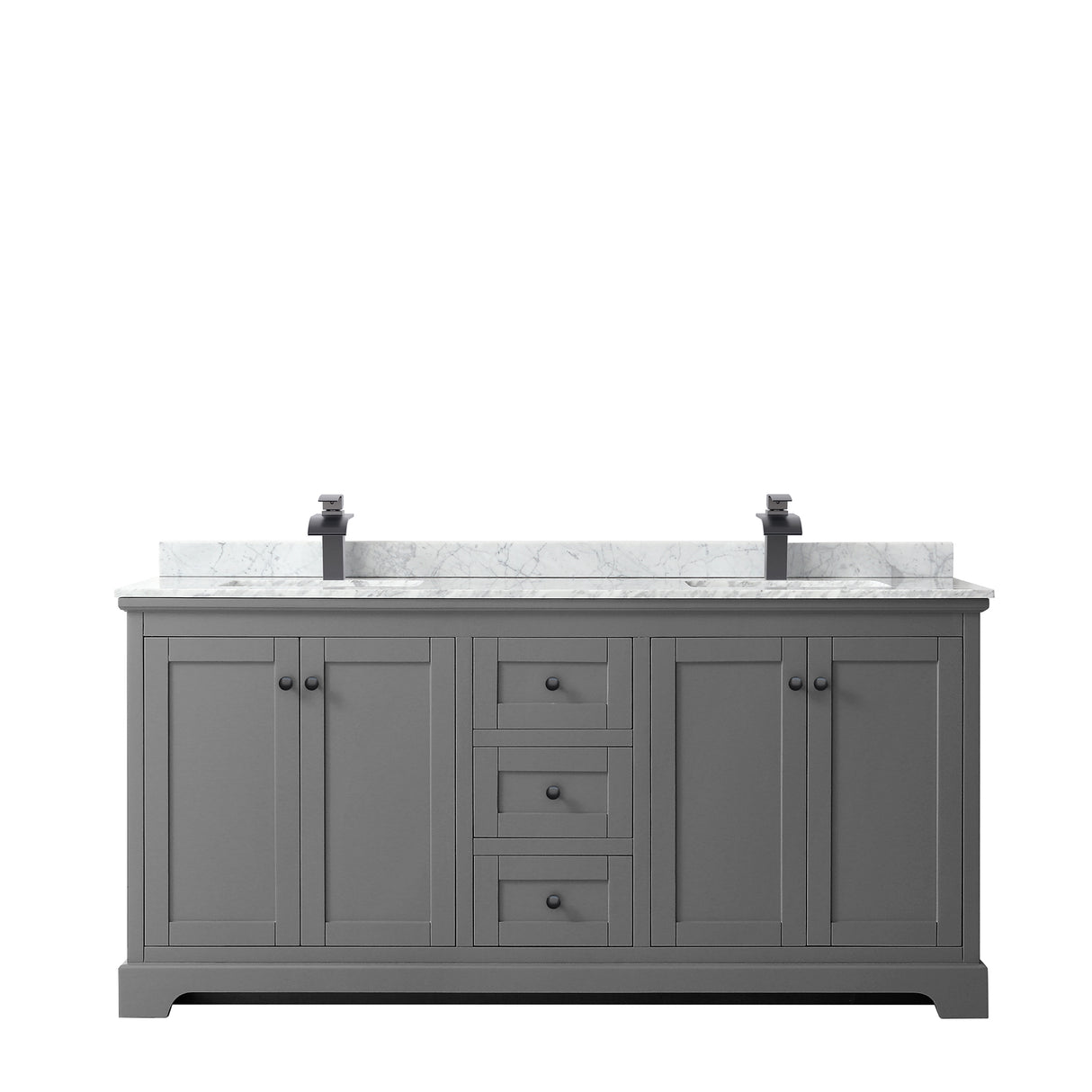 Avery 72 Inch Double Bathroom Vanity in Dark Gray White Carrara Marble Countertop Undermount Square Sinks Matte Black Trim
