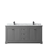 Avery 72 Inch Double Bathroom Vanity in Dark Gray White Carrara Marble Countertop Undermount Square Sinks Matte Black Trim