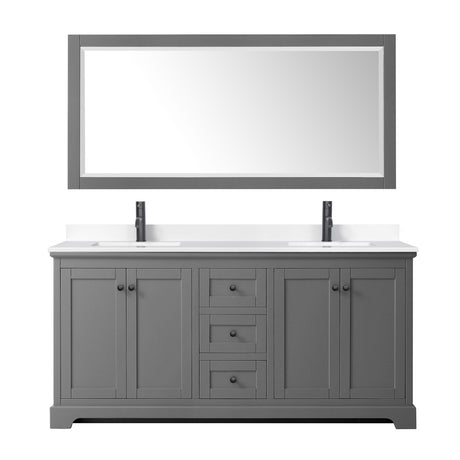 Avery 72 Inch Double Bathroom Vanity in Dark Gray White Cultured Marble Countertop Undermount Square Sinks Matte Black Trim 70 Inch Mirror