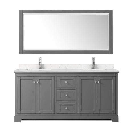 Avery 72 Inch Double Bathroom Vanity in Dark Gray Carrara Cultured Marble Countertop Undermount Square Sinks 70 Inch Mirror