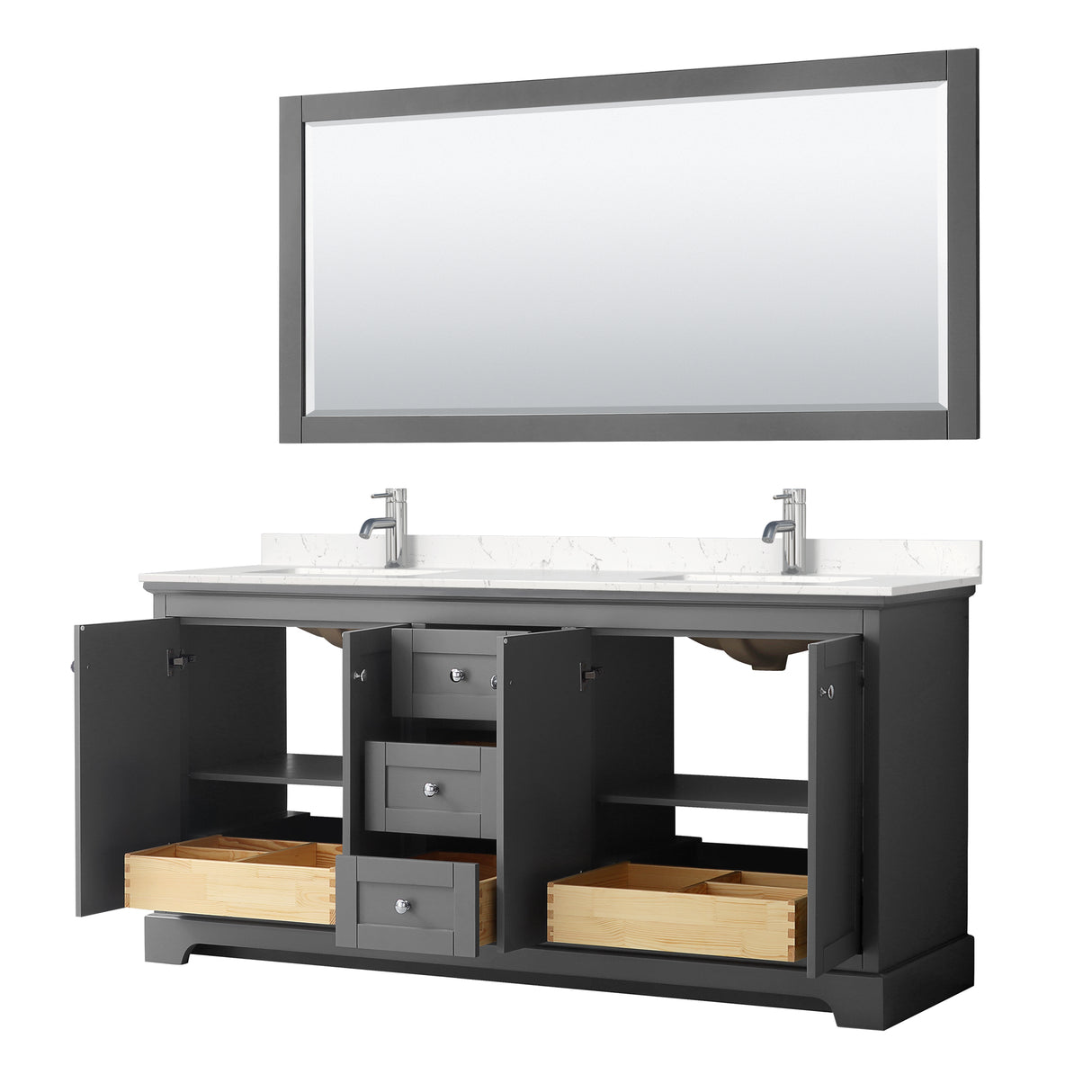 Avery 72 Inch Double Bathroom Vanity in Dark Gray Carrara Cultured Marble Countertop Undermount Square Sinks 70 Inch Mirror