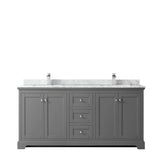 Avery 72 Inch Double Bathroom Vanity in Dark Gray White Carrara Marble Countertop Undermount Square Sinks and No Mirror