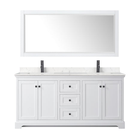 Avery 72 Inch Double Bathroom Vanity in White Carrara Cultured Marble Countertop Undermount Square Sinks Matte Black Trim 70 Inch Mirror