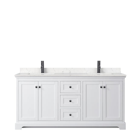 Avery 72 Inch Double Bathroom Vanity in White Carrara Cultured Marble Countertop Undermount Square Sinks Matte Black Trim