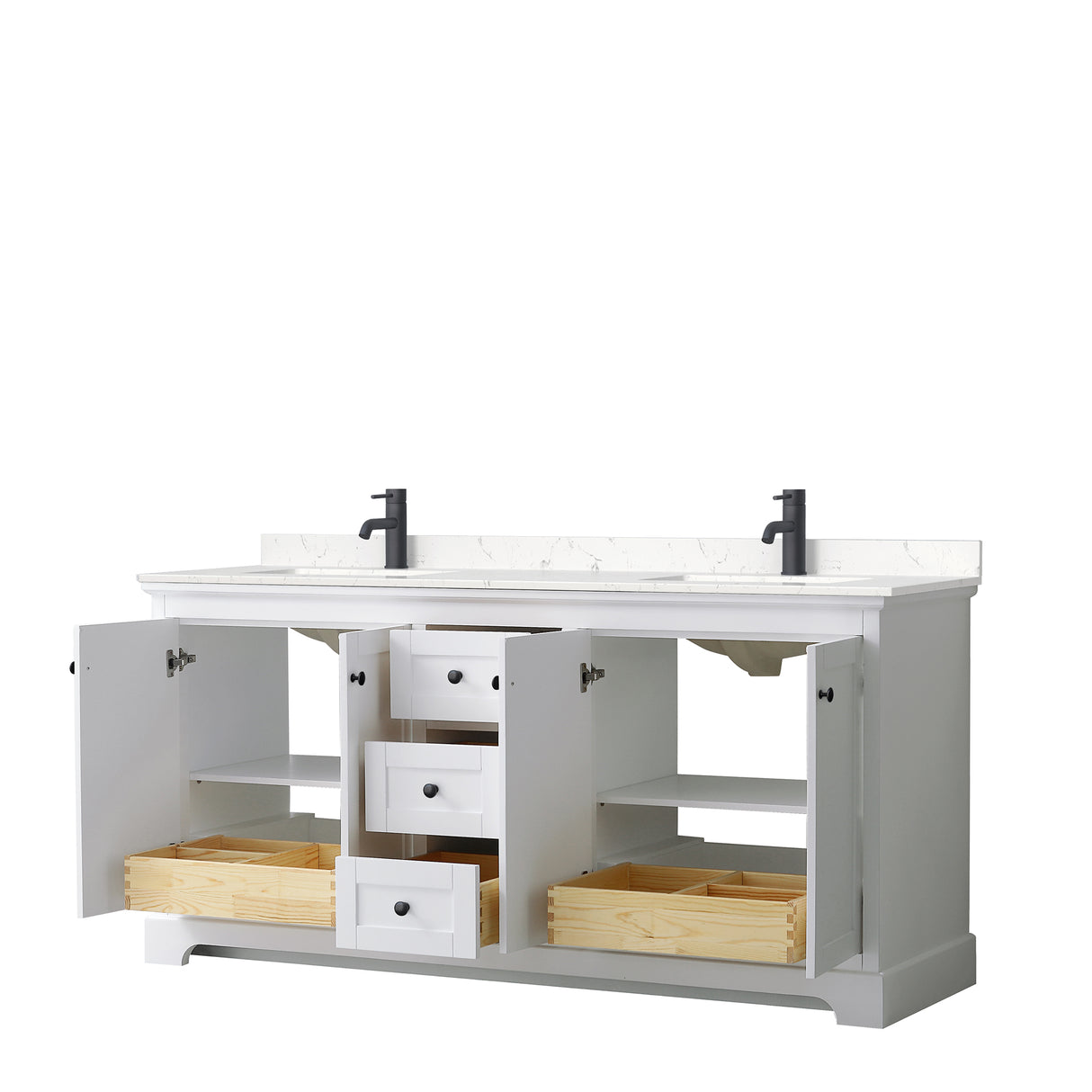 Avery 72 Inch Double Bathroom Vanity in White Carrara Cultured Marble Countertop Undermount Square Sinks Matte Black Trim