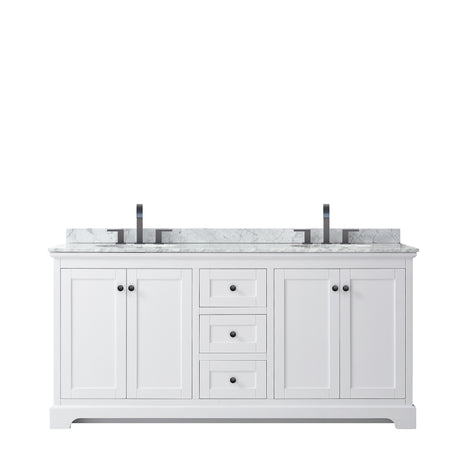 Avery 72 Inch Double Bathroom Vanity in White White Carrara Marble Countertop Undermount Oval Sinks Matte Black Trim