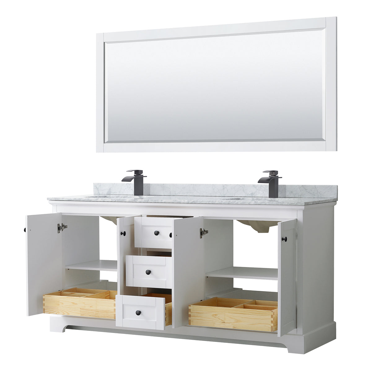 Avery 72 Inch Double Bathroom Vanity in White White Carrara Marble Countertop Undermount Square Sinks Matte Black Trim 70 Inch Mirror
