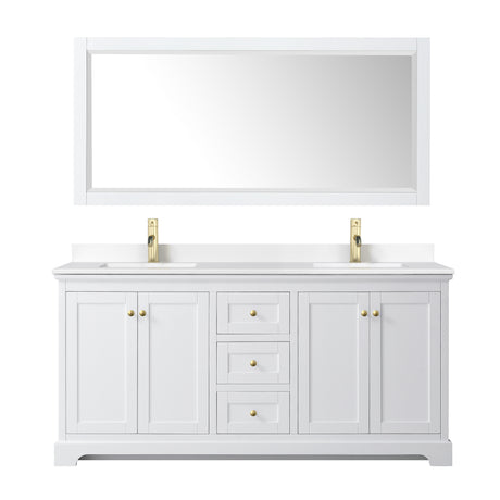 Avery 72 Inch Double Bathroom Vanity in White White Cultured Marble Countertop Undermount Square Sinks Brushed Gold Trim