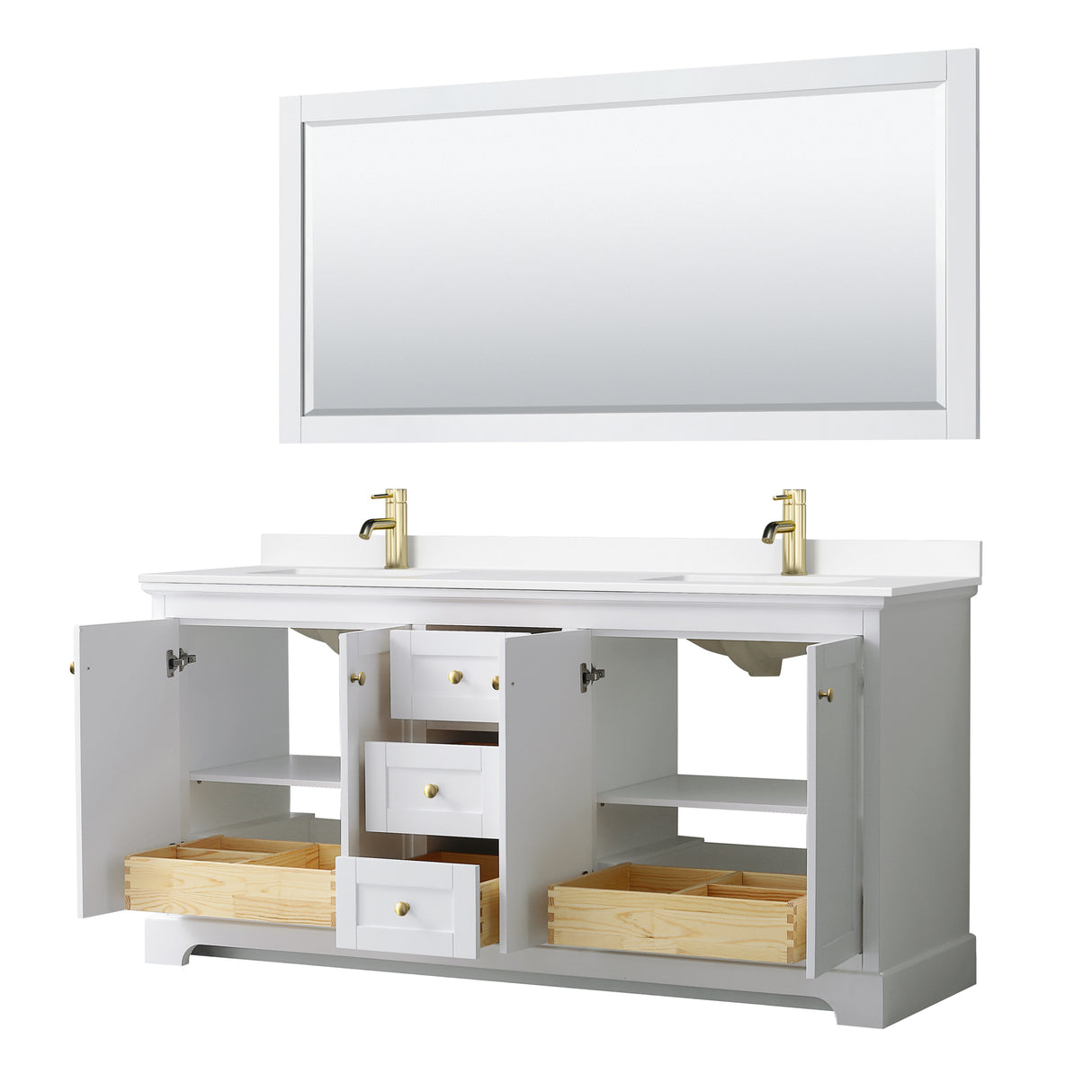 Avery 72 Inch Double Bathroom Vanity in White White Cultured Marble Countertop Undermount Square Sinks 70 Inch Mirror Brushed Gold Trim