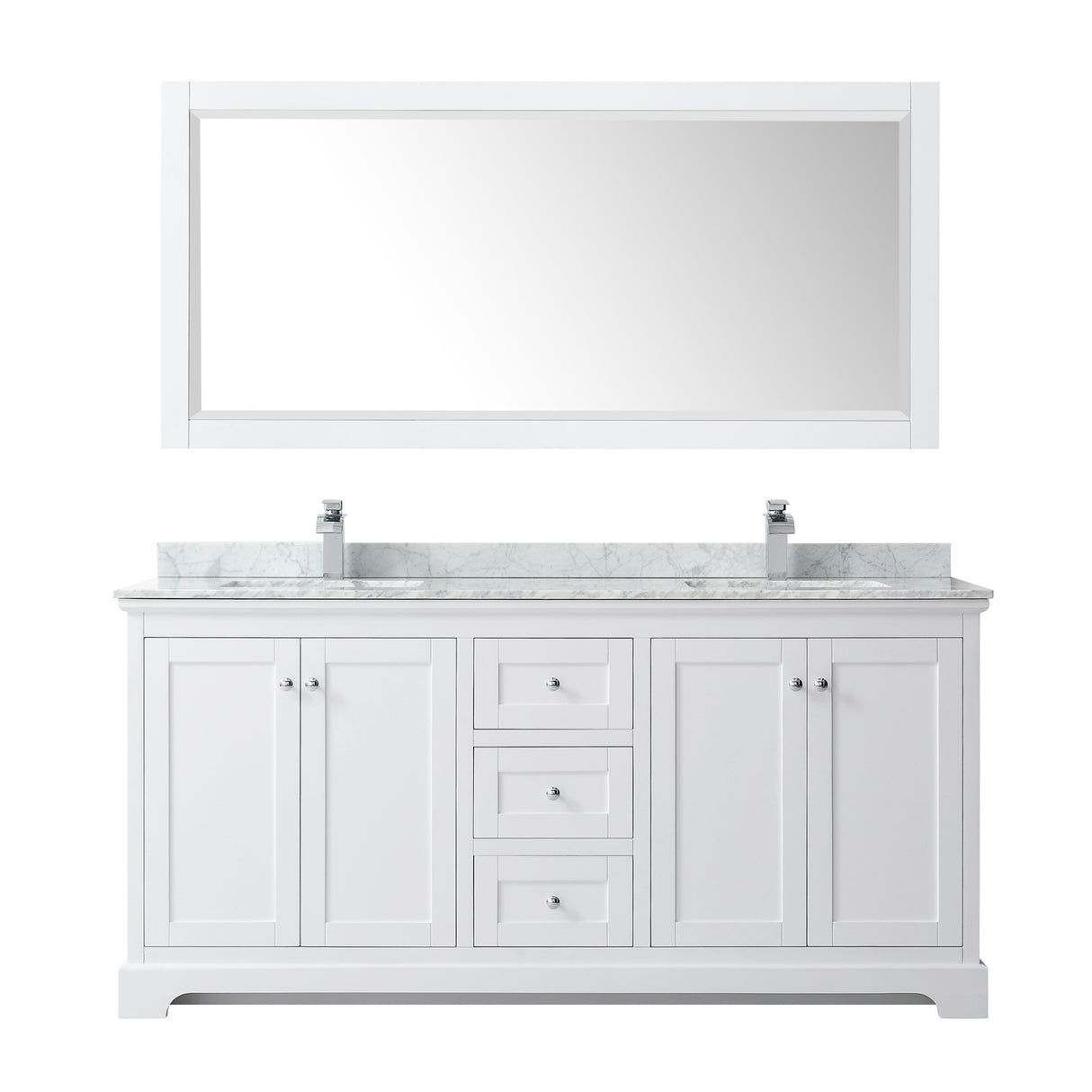 Avery 72 Inch Double Bathroom Vanity in White White Carrara Marble Countertop Undermount Square Sinks and 70 Inch Mirror