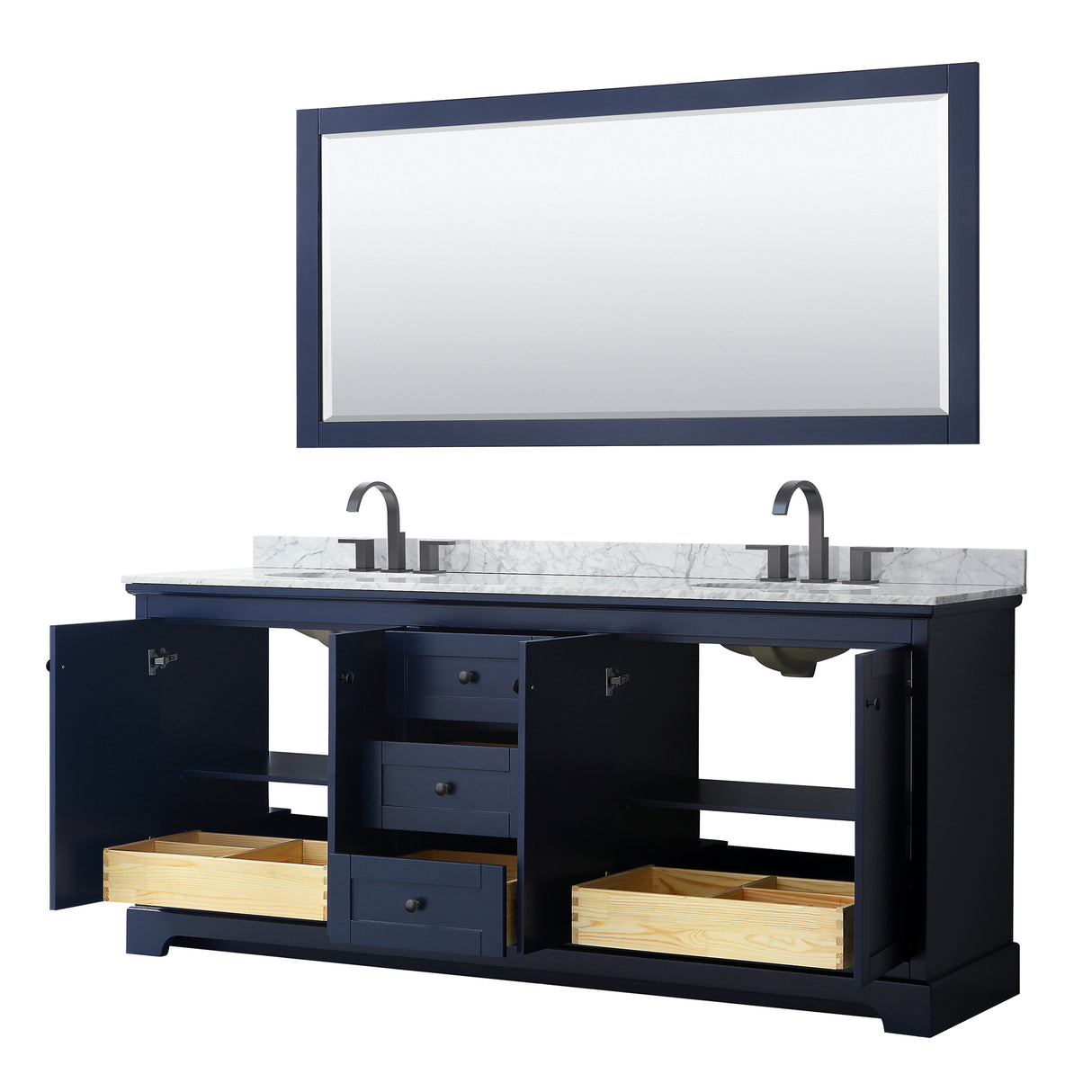 Avery 80 Inch Double Bathroom Vanity in Dark Blue White Carrara Marble Countertop Undermount Oval Sinks Matte Black Trim 70 Inch Mirror