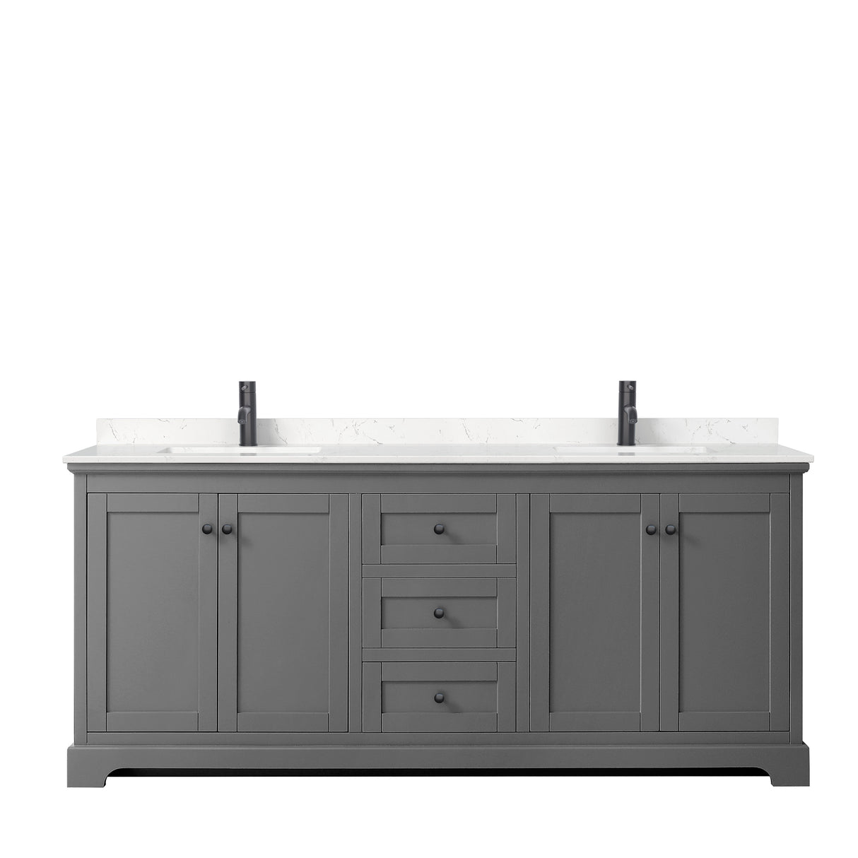 Avery 80 Inch Double Bathroom Vanity in Dark Gray Carrara Cultured Marble Countertop Undermount Square Sinks Matte Black Trim