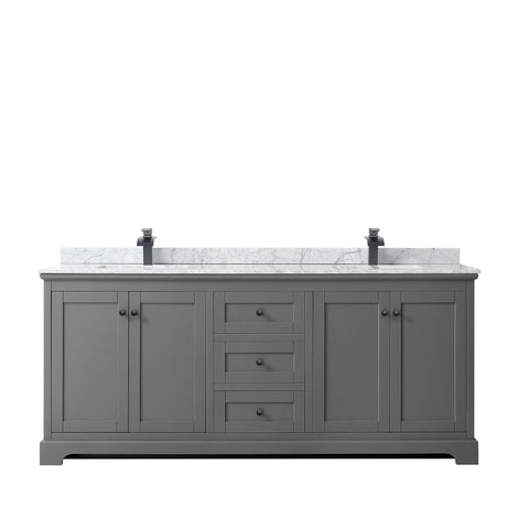 Avery 80 Inch Double Bathroom Vanity in Dark Gray White Carrara Marble Countertop Undermount Square Sinks Matte Black Trim