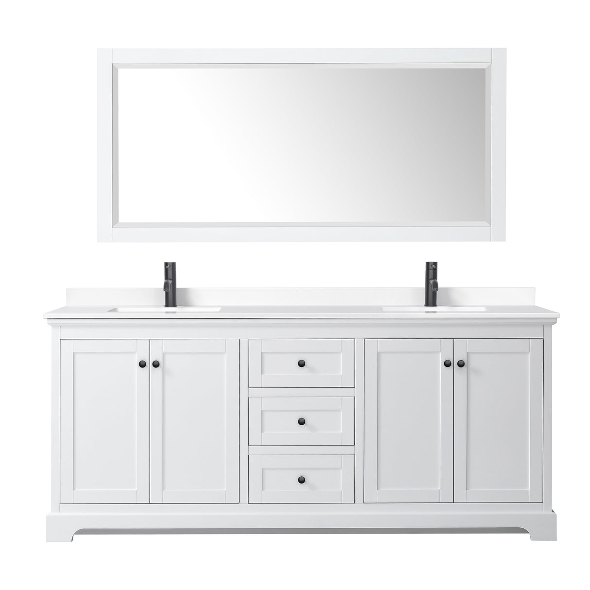 Avery 80 Inch Double Bathroom Vanity in White White Cultured Marble Countertop Undermount Square Sinks Matte Black Trim 70 Inch Mirror