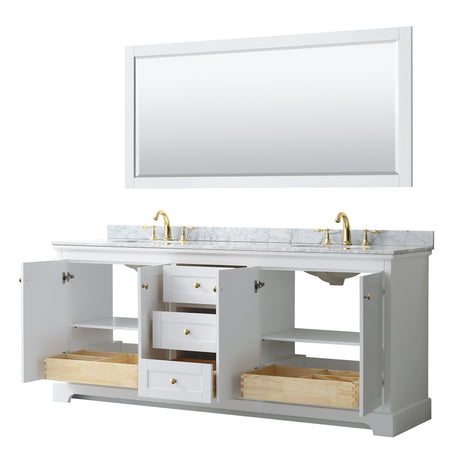 Avery 80 Inch Double Bathroom Vanity in White White Carrara Marble Countertop Undermount Oval Sinks Brushed Gold Trim