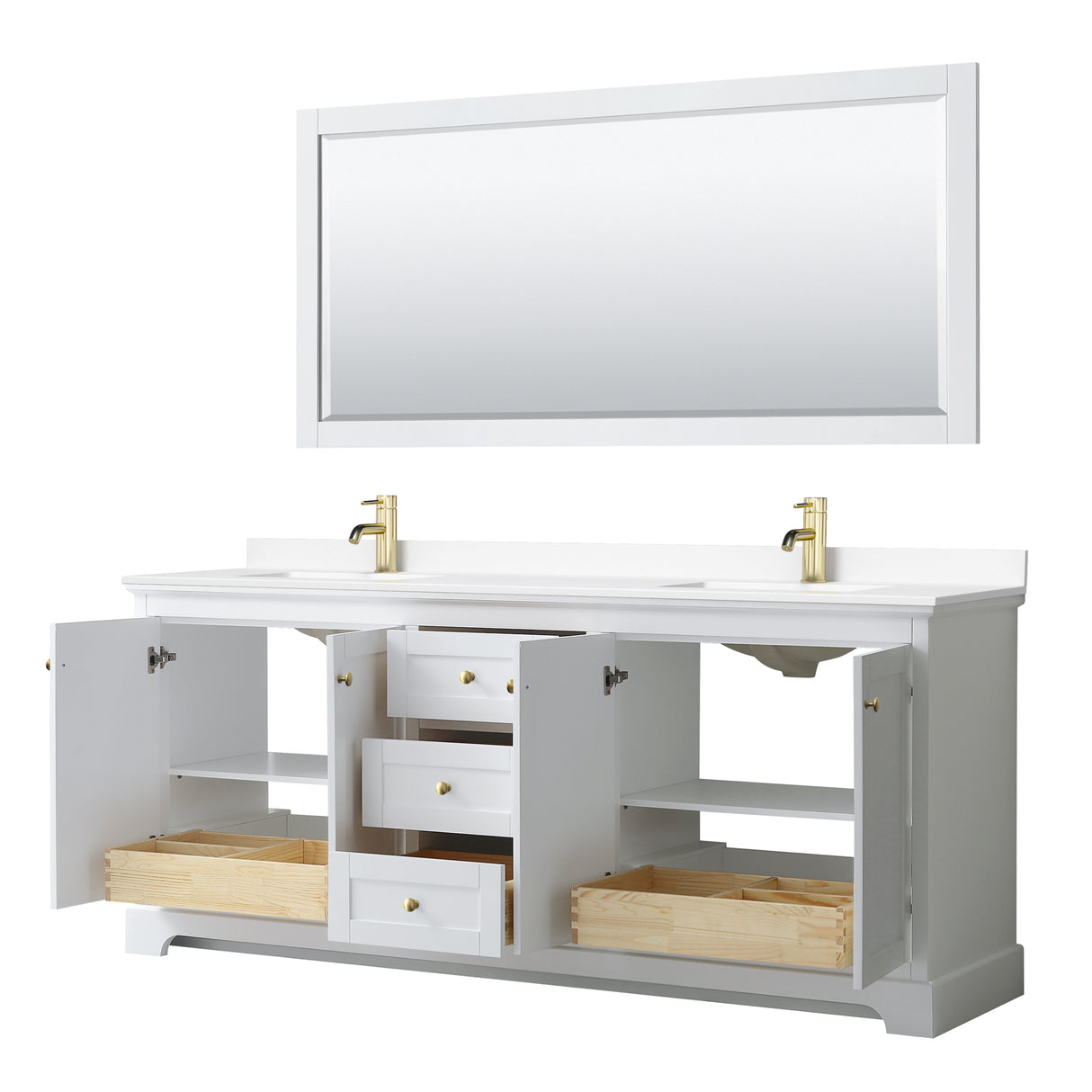 Avery 80 Inch Double Bathroom Vanity in White White Cultured Marble Countertop Undermount Square Sinks 70 Inch Mirror Brushed Gold Trim
